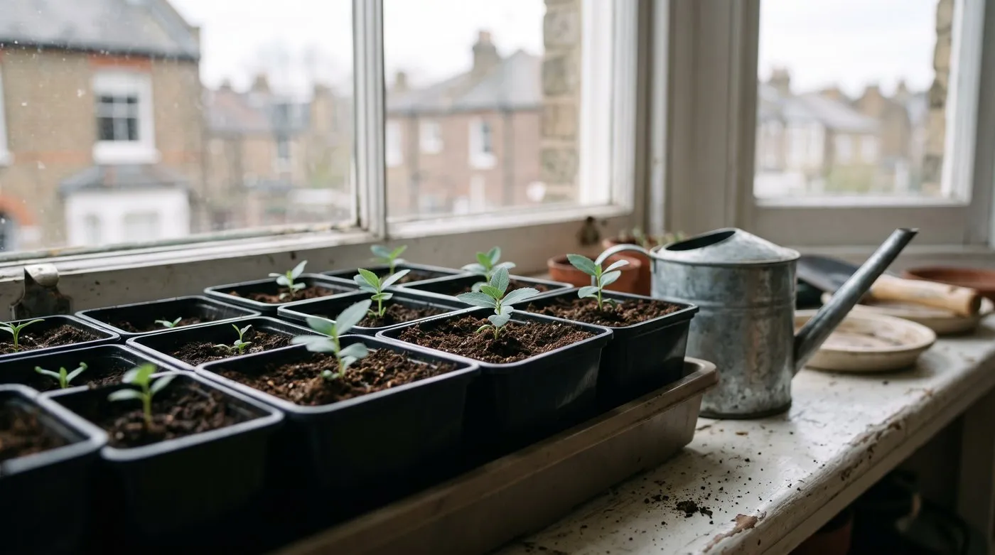 Young balloon flower seedlings growing in deep pots on a sunny windowsill