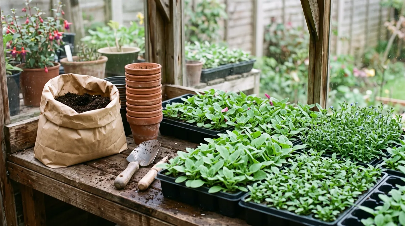 Tray of young plug plants being potted on into 9cm pots on a UK greenhouse bench