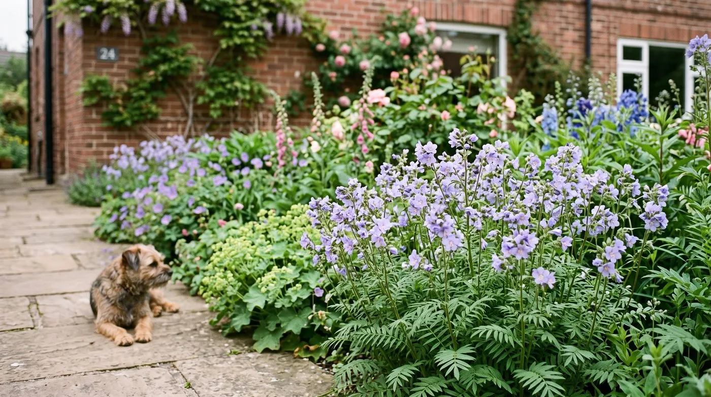 A Polemonium border in a Yorkshire suburban garden with a terrier lying on the path beside the planting