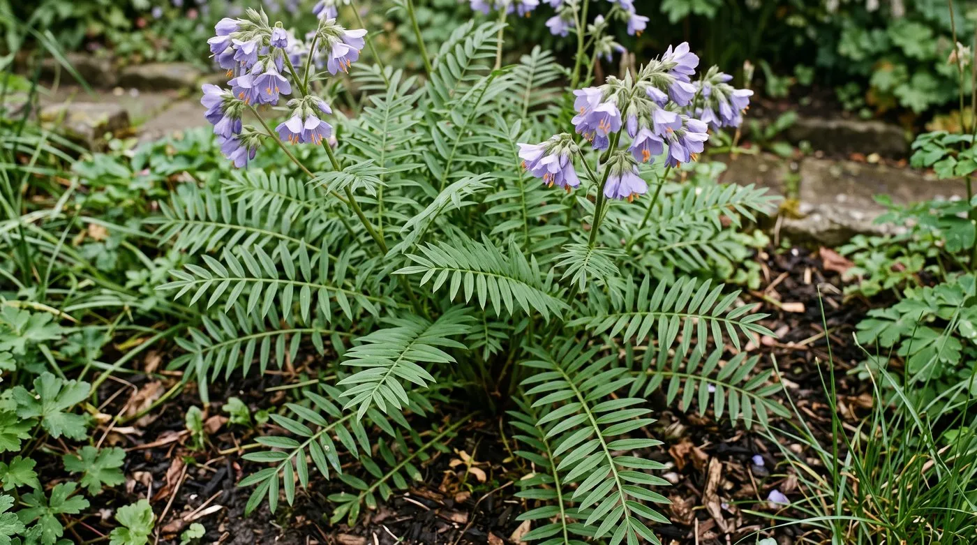 Polemonium caeruleum in flower in a Yorkshire border, blue nodding flowers above ladder-like pinnate leaves
