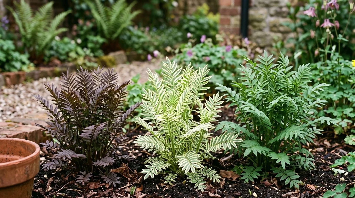 Four Polemonium cultivars side by side showing purple, variegated and plain green foliage differences