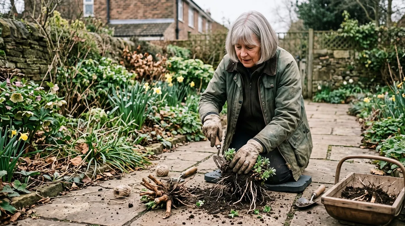 A white British woman in her 60s dividing a Polemonium clump with a border fork on a garden path