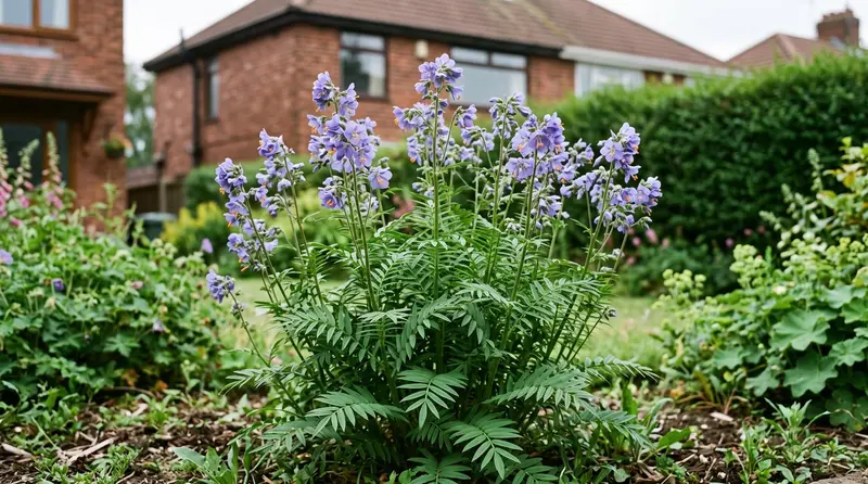 Polemonium caeruleum in flower in a UK border, blue bell-shaped flowers above ladder-like pinnate foliage