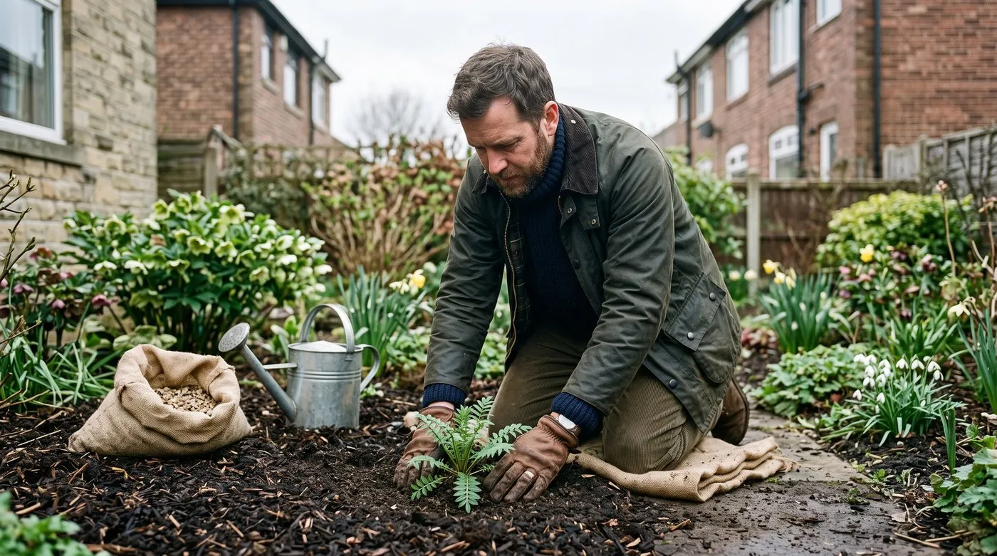 A white British man in his 30s planting a Polemonium into a mulched border in a Yorkshire suburban garden