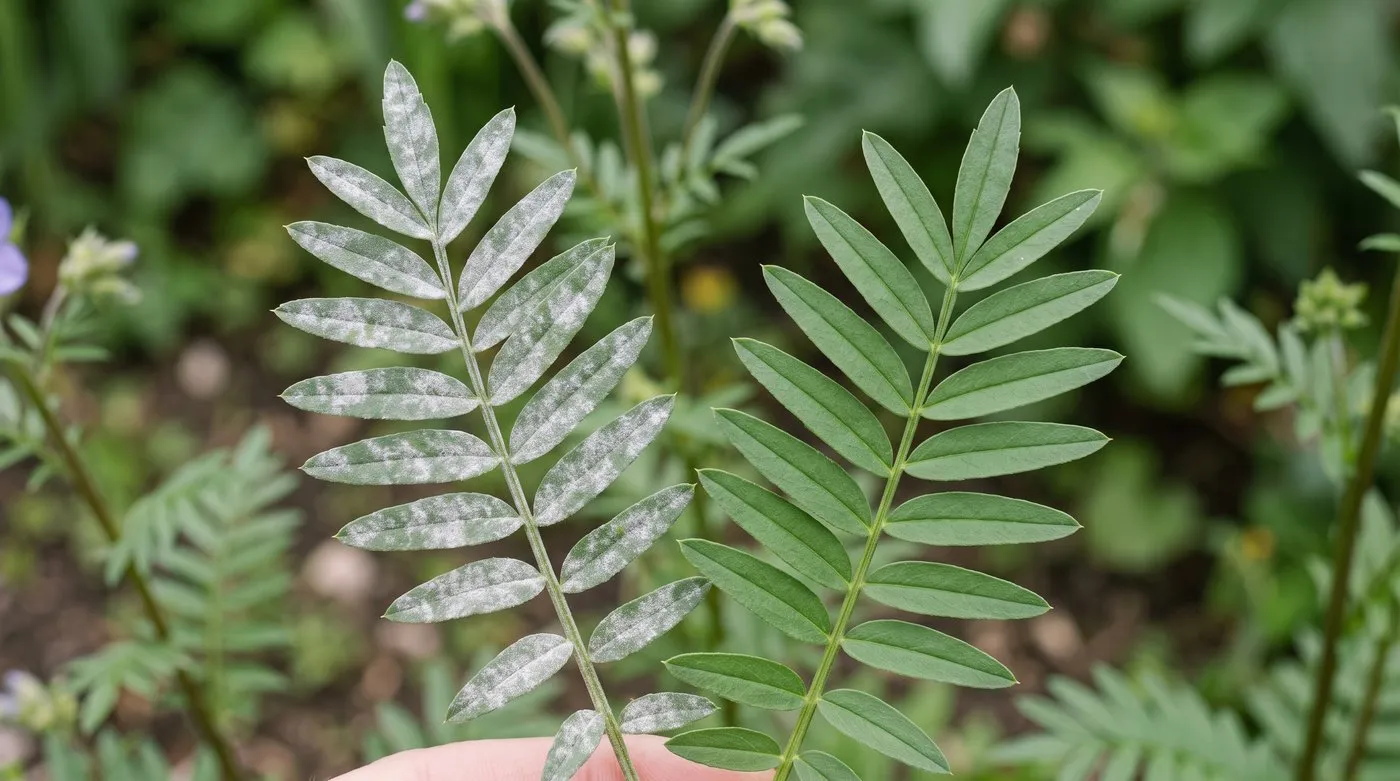 Polemonium leaves showing grey-white powdery mildew patches beside clean healthy foliage for comparison