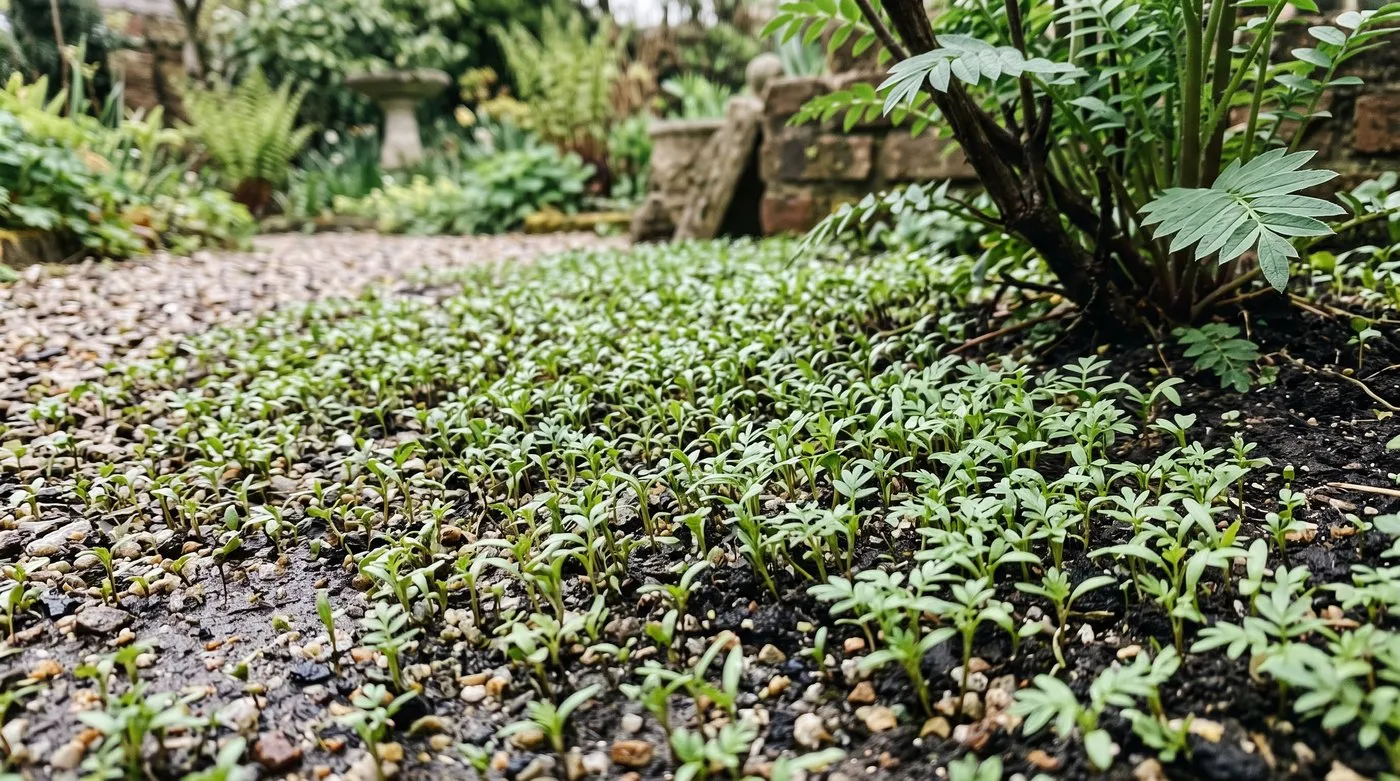 Dozens of small Polemonium seedlings carpeting the soil and gravel around a parent plant in spring