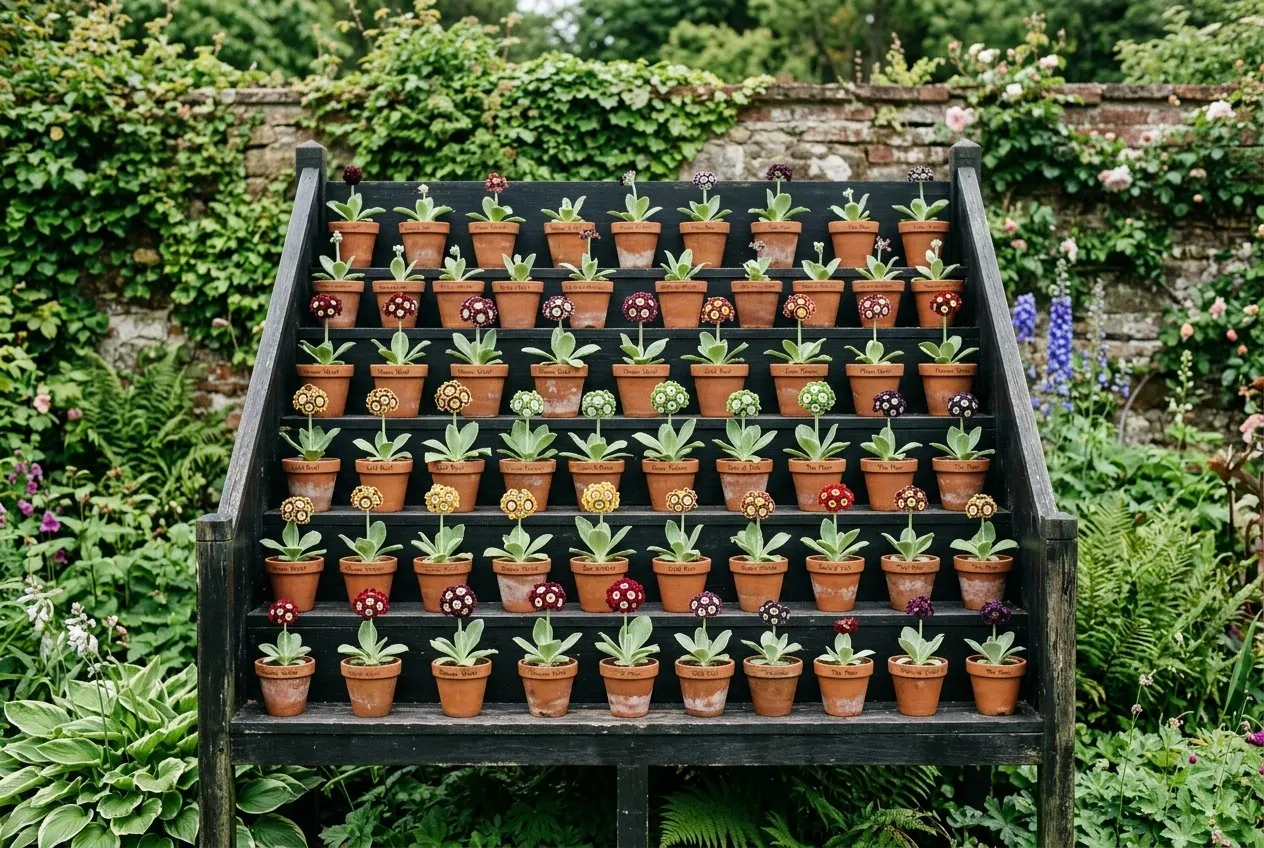 An auricula theatre, a tiered black-painted shelf holding rows of potted show auriculas with velvety flowers and grey-green rosettes against a wall in a UK garden