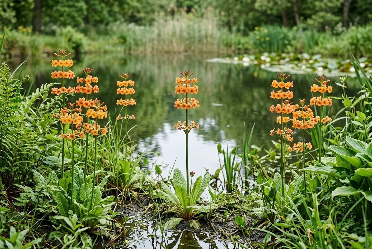Candelabra primulas with orange flowers arranged in tiered whorls up tall stems, growing at a damp pond margin in a UK garden