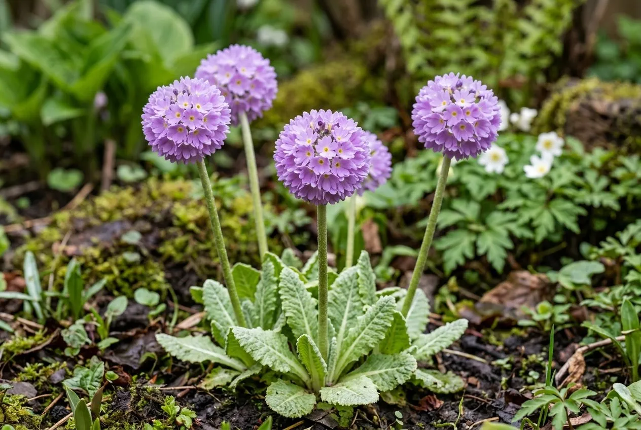 Drumstick primula Primula denticulata with a spherical mauve globe flower head on a single stem in a damp UK spring border