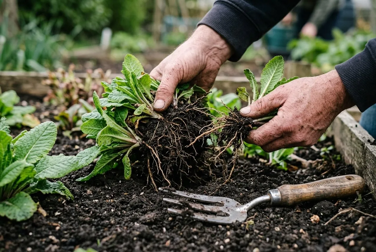 Gardener's hands teasing apart a lifted clump of primroses into rooted divisions after flowering, on an allotment bed with a hand fork
