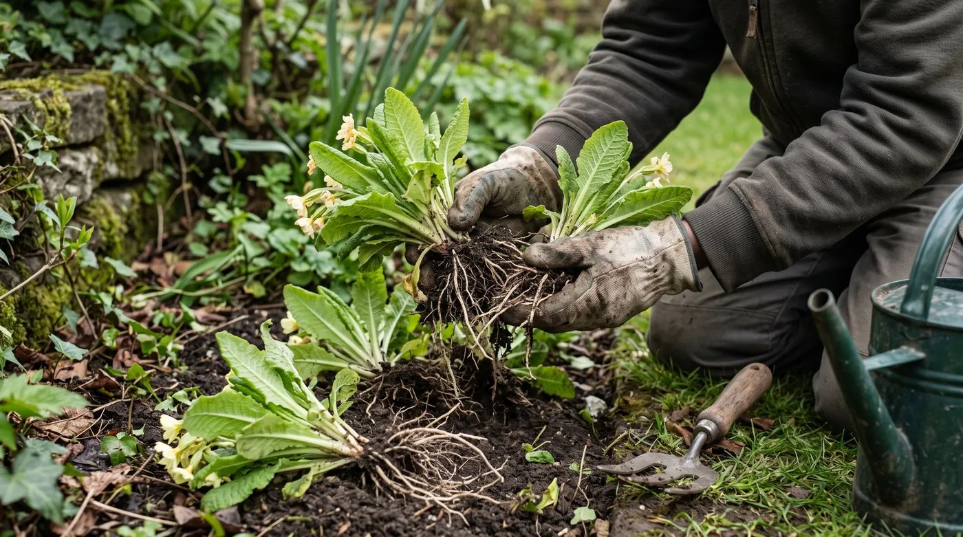 Gloved hands pulling a lifted primrose clump into rooted pieces beside a shady border