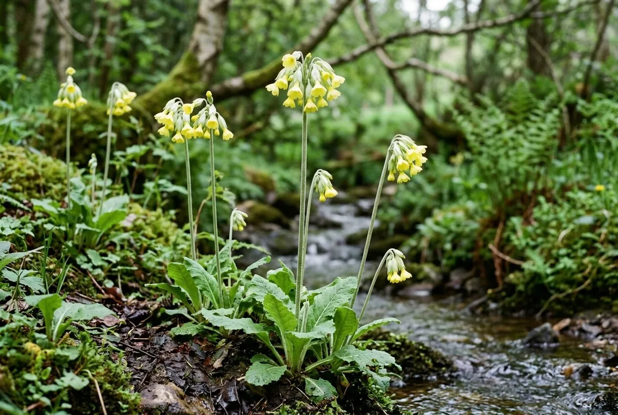 Primula florindae the giant Himalayan cowslip with nodding clusters of soft yellow bell flowers growing by a stream in a Scottish woodland garden