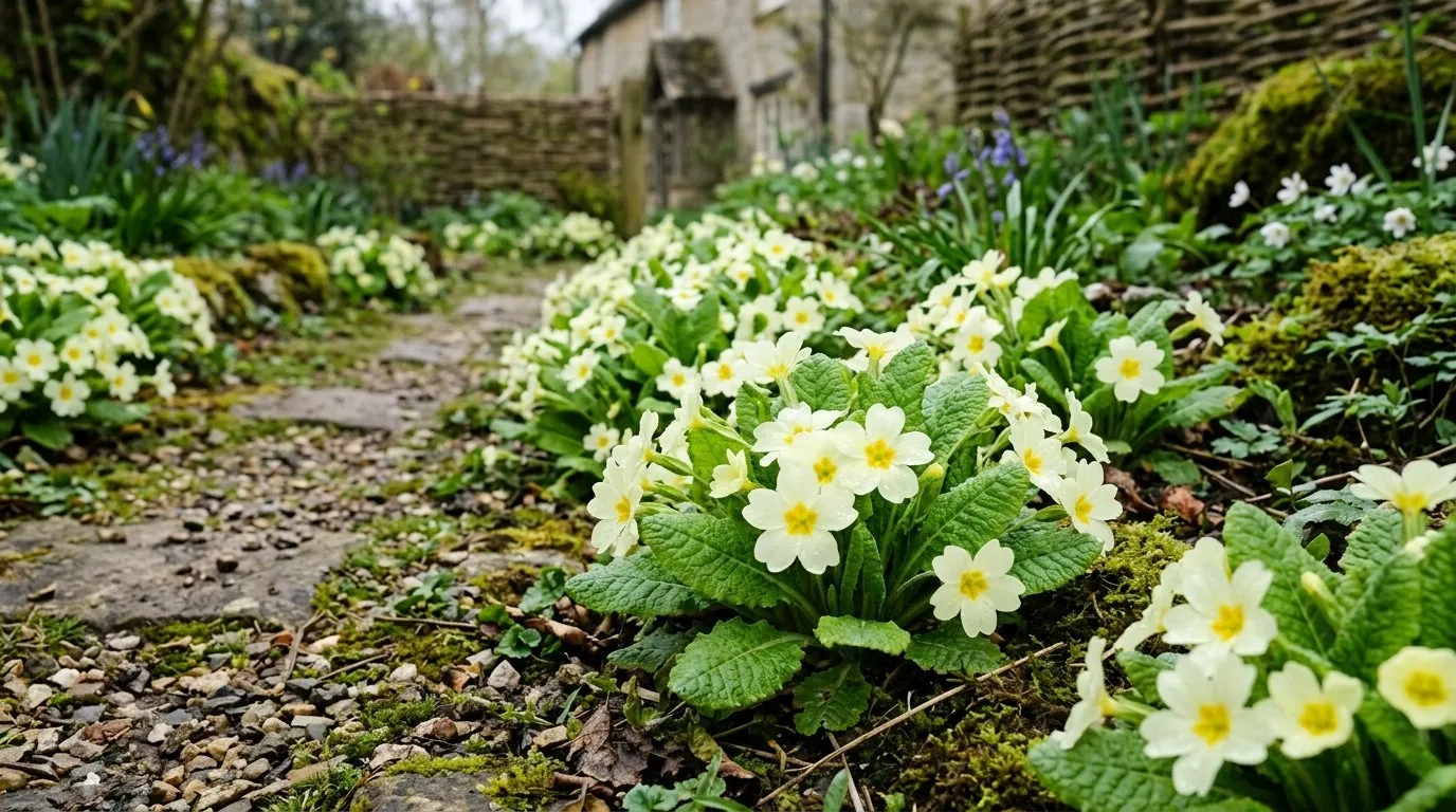 Native English primroses with pale creamy-yellow flowers and crinkled leaves flowering along a UK garden path in early spring