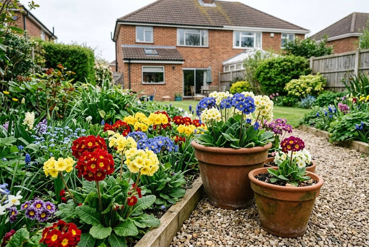 Mixed-colour polyanthus primulas in red, yellow, blue and cream flowering in terracotta pots and a spring border of a UK suburban garden