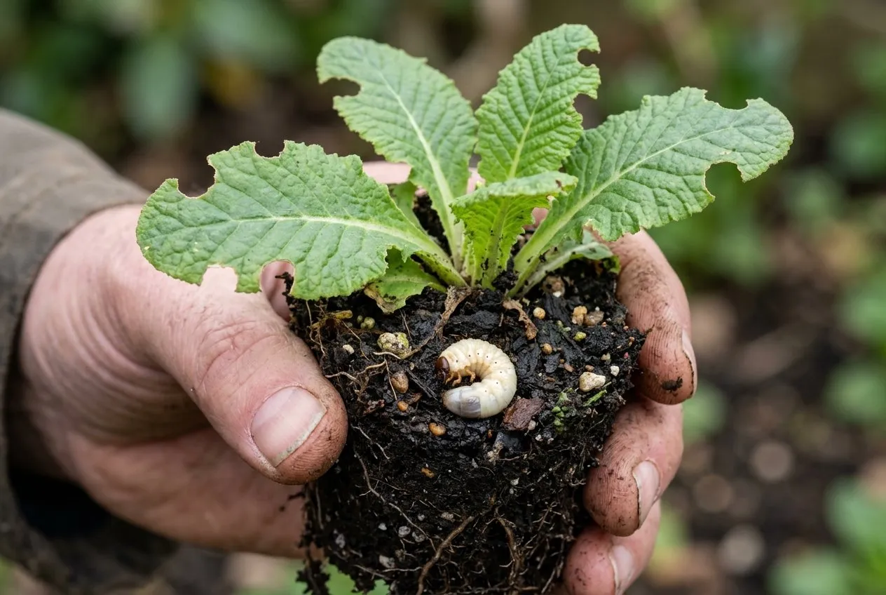 Close-up of vine weevil damage on a primula leaf showing C-shaped notches bitten from the edges, with a cream legless grub in the compost among the roots
