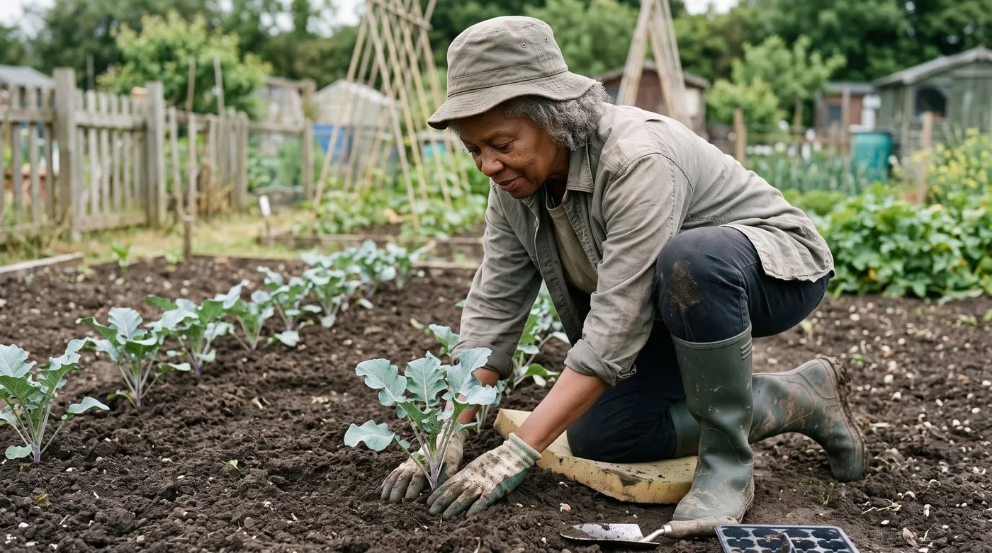 Gloved hands firming soil around a young purple sprouting broccoli plant on an allotment bed