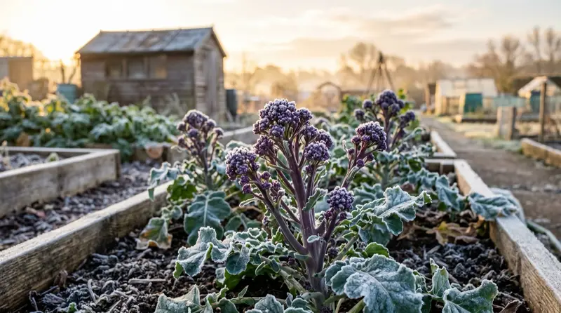 Purple sprouting broccoli spears ready to harvest on a frosty UK allotment in early spring