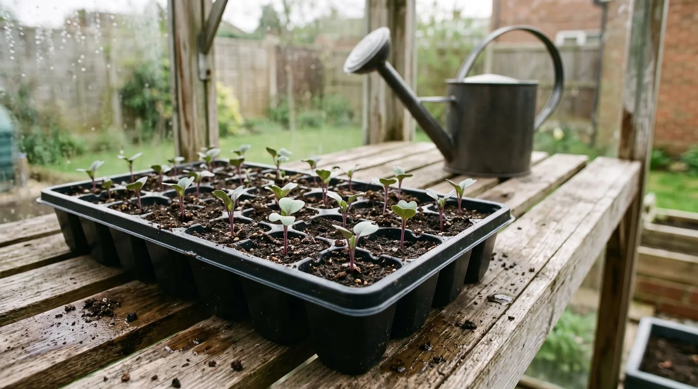 Purple sprouting broccoli seedlings with purple-tinged stems growing one per cell in a module tray