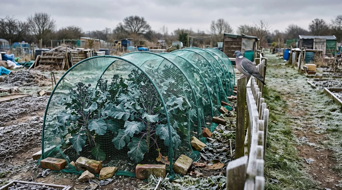 Purple sprouting broccoli plants under netting on hoops on a frosty allotment with a pigeon nearby