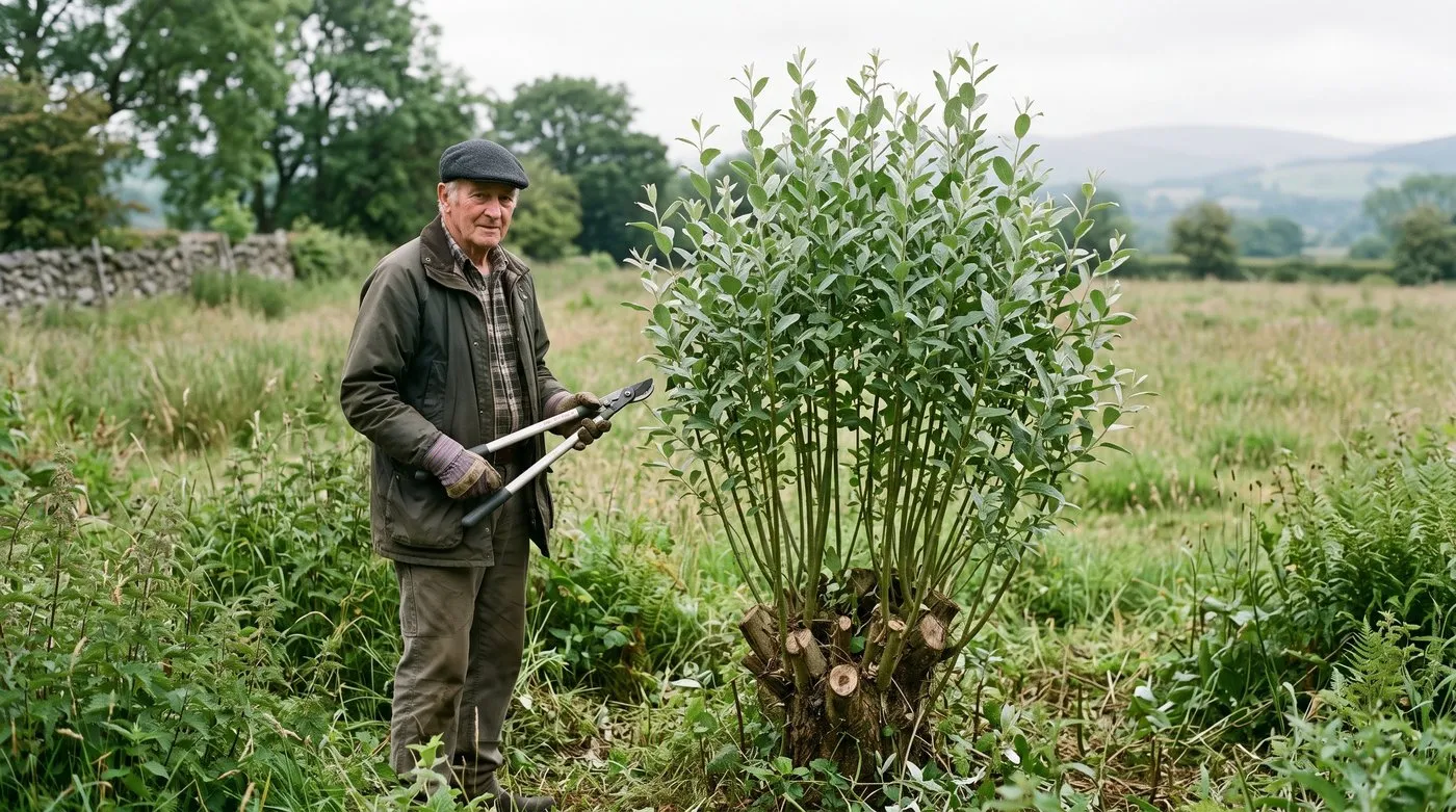 A coppiced pussy willow stump regrowing a mass of straight new stems in early summer