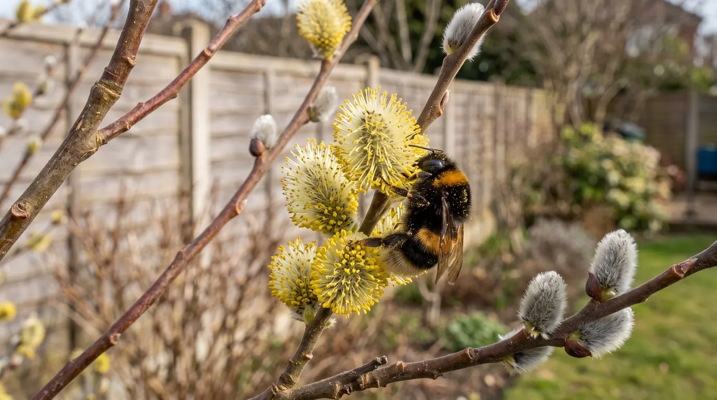 A queen bumblebee feeding on yellow pollen-covered pussy willow catkins in early spring sunshine