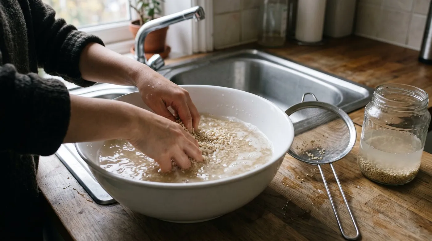 Hands swirling quinoa grain in a bowl of cloudy, foamy water beside a sieve at a kitchen sink