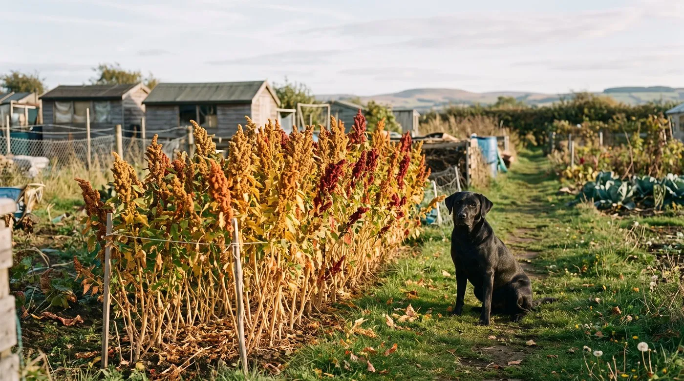 Row of ripe quinoa plants with gold, orange and crimson seed heads on an allotment, a black Labrador on the path