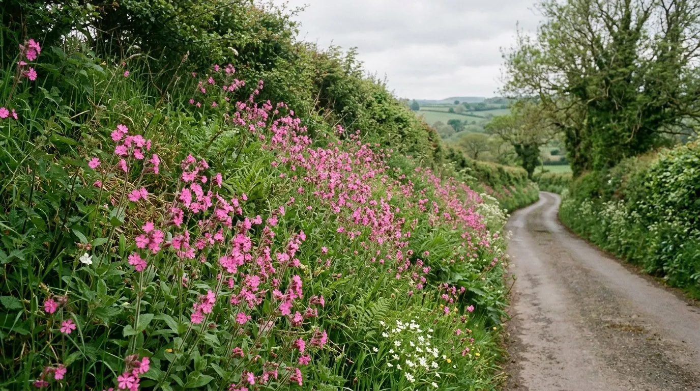 Red campion flowering in a rose-pink drift along a Devon hedgerow bank in May
