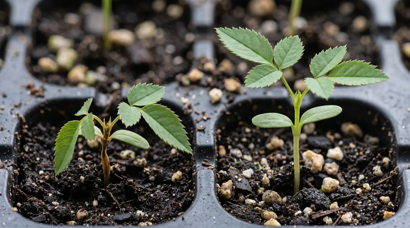 A close-up comparison of a collapsed rose seedling killed by damping off beside a healthy upright seedling of the same age
