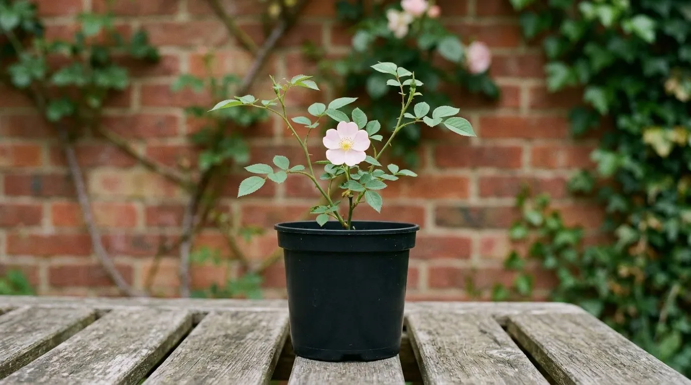 A single pale pink first-year rose seedling bloom opening in a black plastic pot on an allotment bench