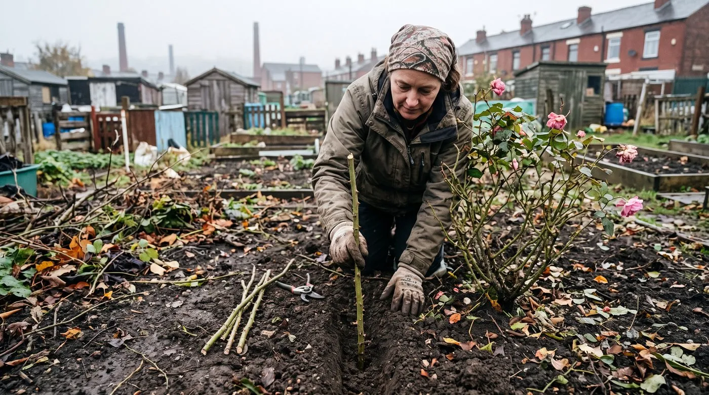 Gloved hands pushing leafless rose stem cuttings into a slit trench beside a shrub rose in autumn