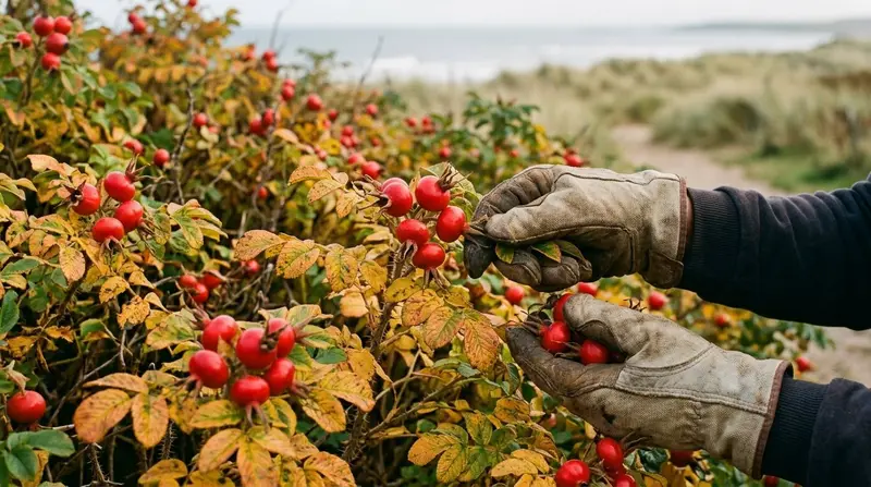 Hands harvesting ripe scarlet Rosa rugosa hips from a hedge in a UK coastal garden in late autumn