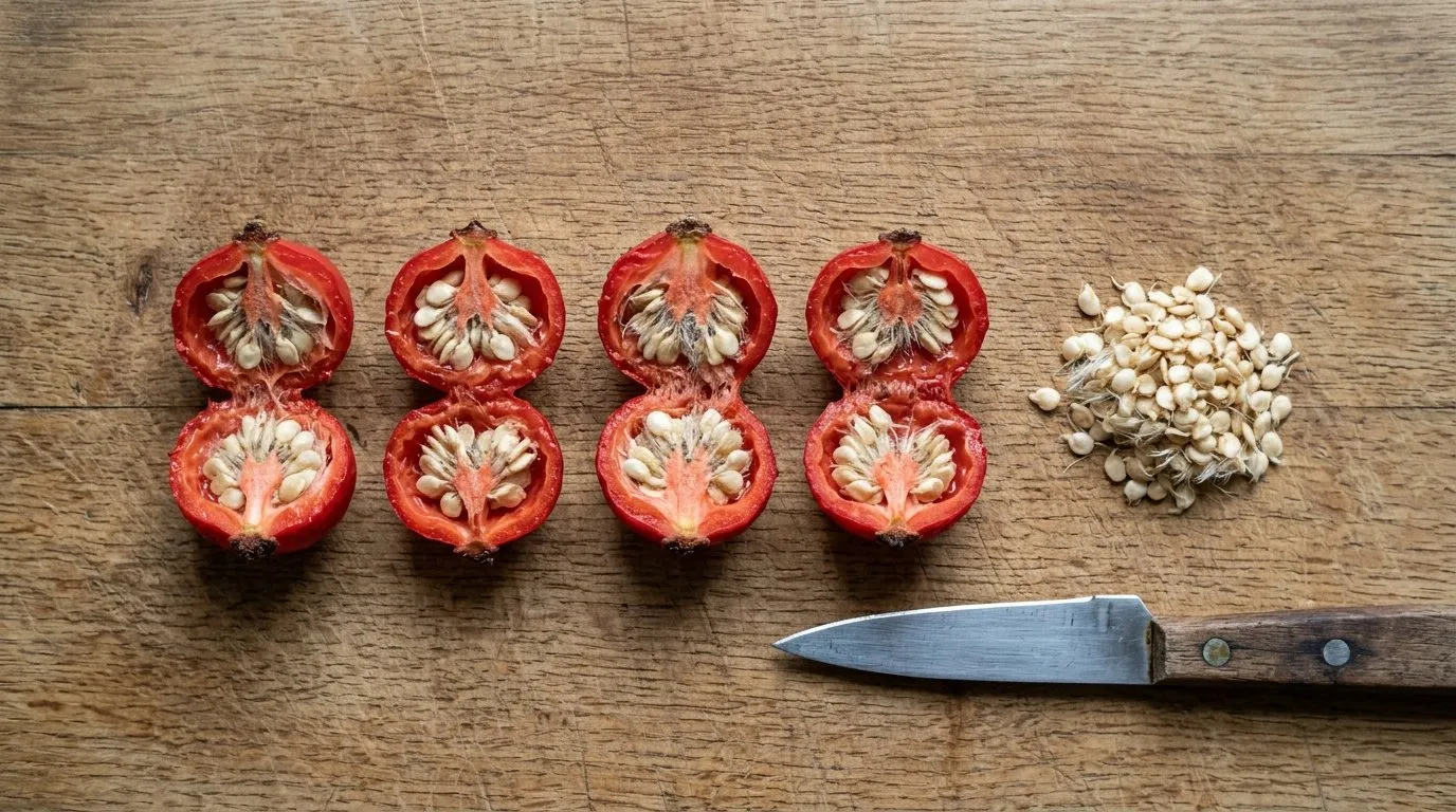 Ripe scarlet Rosa rugosa hips cut open on a wooden board showing the pale seeds packed inside