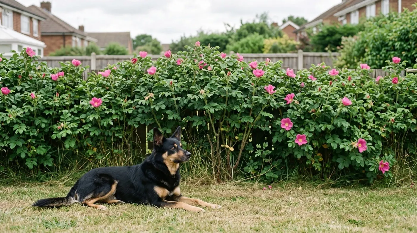 A Rosa rugosa hedge in flower along a UK garden boundary with a dog lying on the grass in front of it