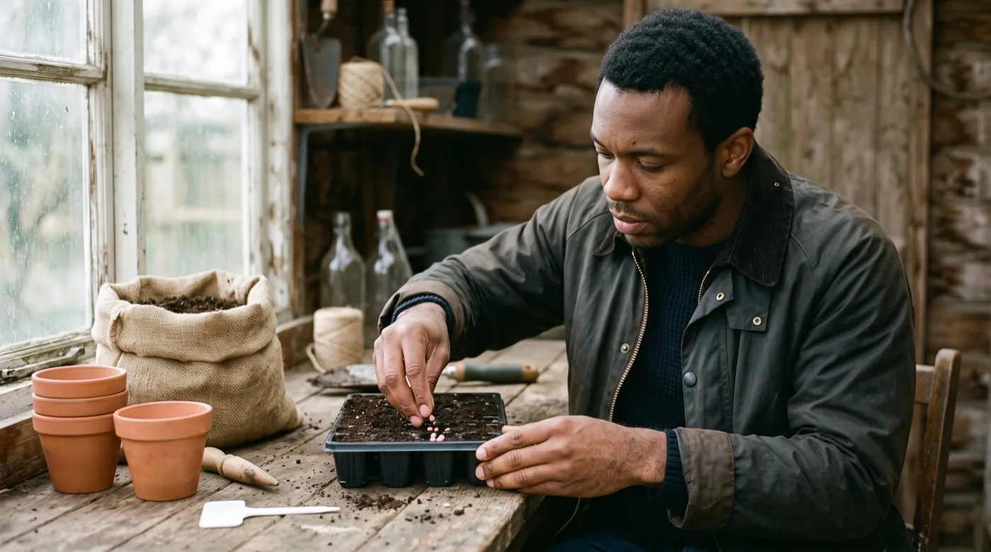 A gardener sowing chilled rose seed into a labelled seed tray on a potting shed bench