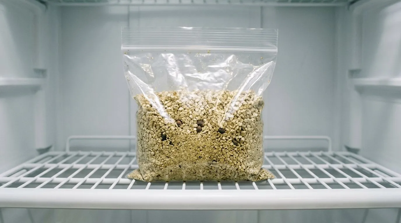 Rose seeds mixed into damp vermiculite in a labelled zip-seal bag sitting in the salad drawer of a domestic fridge