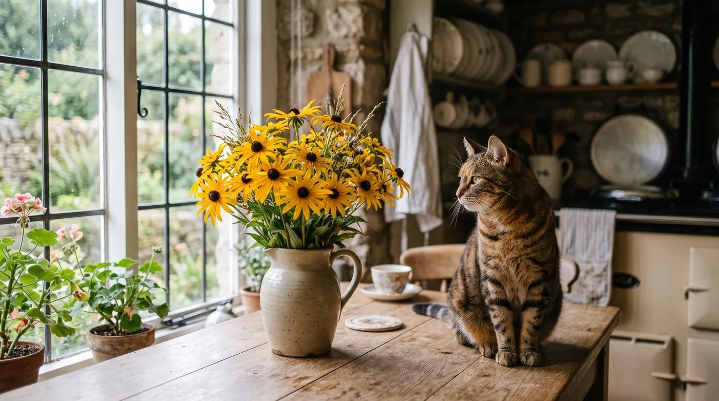 Rudbeckia flowers arranged in a jug on a kitchen table with a cat sitting nearby in soft daylight