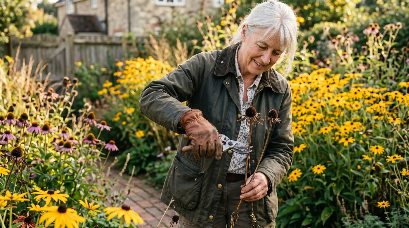 A gardener snipping a faded rudbeckia flower with secateurs to encourage more blooms in a summer border