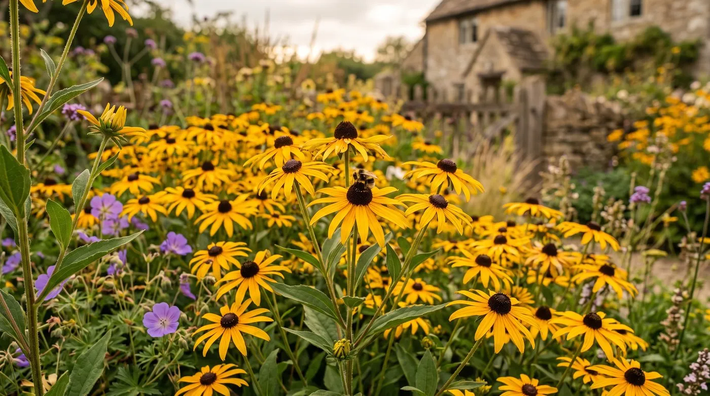 Golden rudbeckia black-eyed Susan flowers massed in a sunny UK cottage garden border with a bumblebee visiting