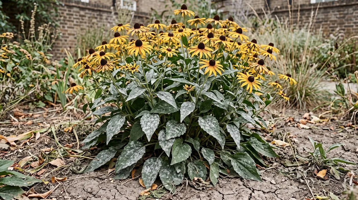 Rudbeckia 'Goldsturm' with white powdery mildew on its lower leaves in a dry border