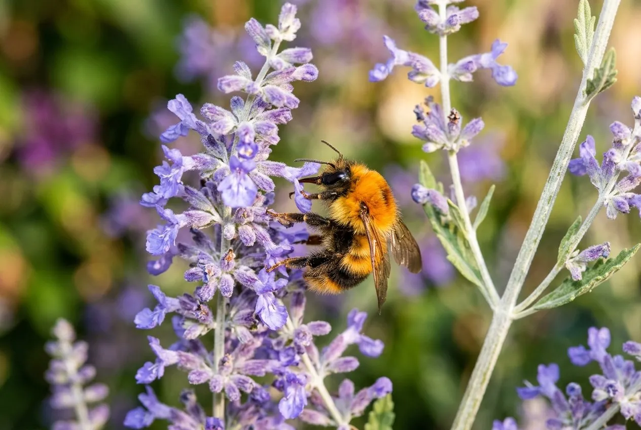 A bumblebee feeding on the small lavender-blue tubular flowers of a Russian sage spike in warm afternoon light