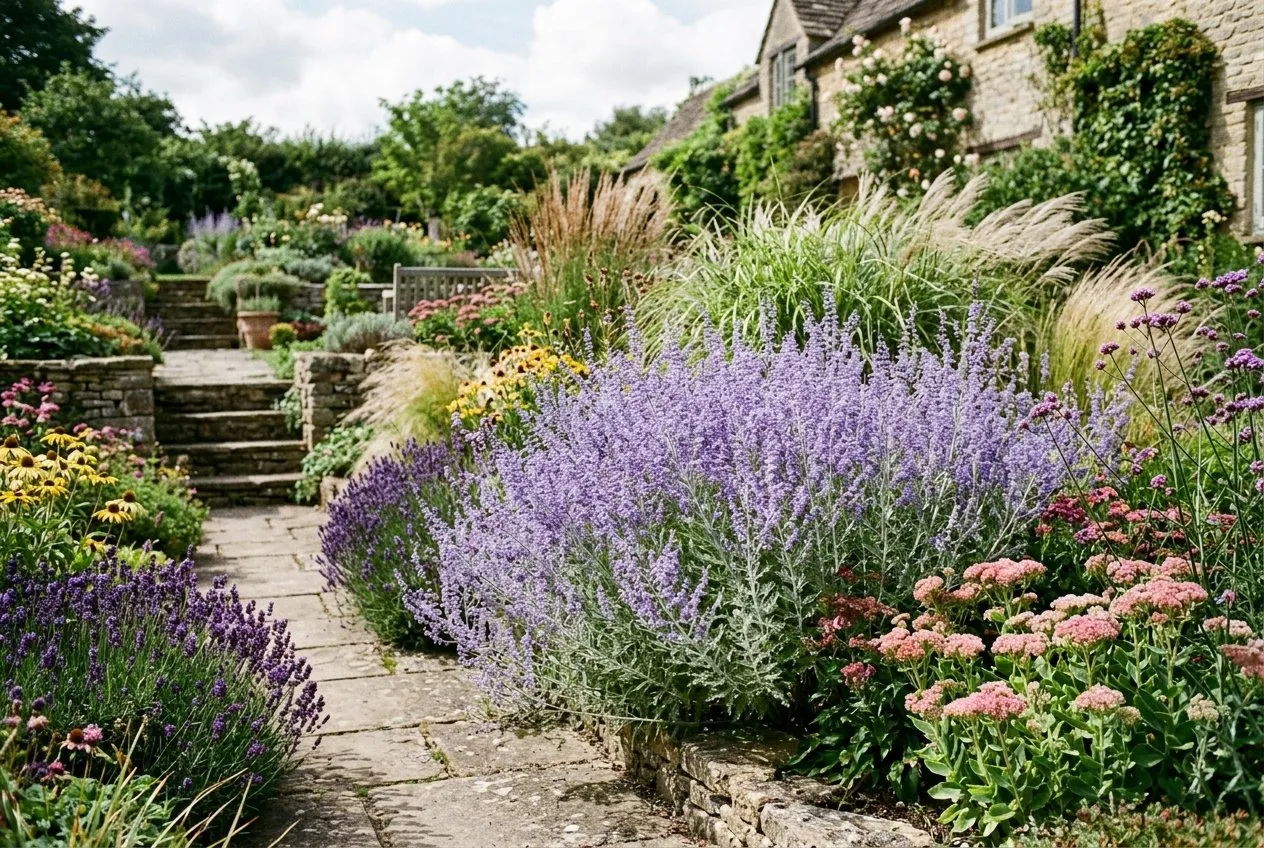 A mass planting of Russian sage forming an airy lavender-blue haze in a sunny UK herbaceous border with ornamental grasses behind