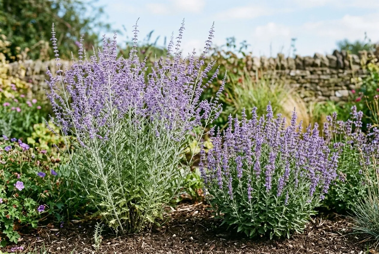 Two clumps of Russian sage side by side in a UK garden, a tall arching Blue Spire on the left and a shorter compact Little Spire on the right, both with lavender-blue flowers