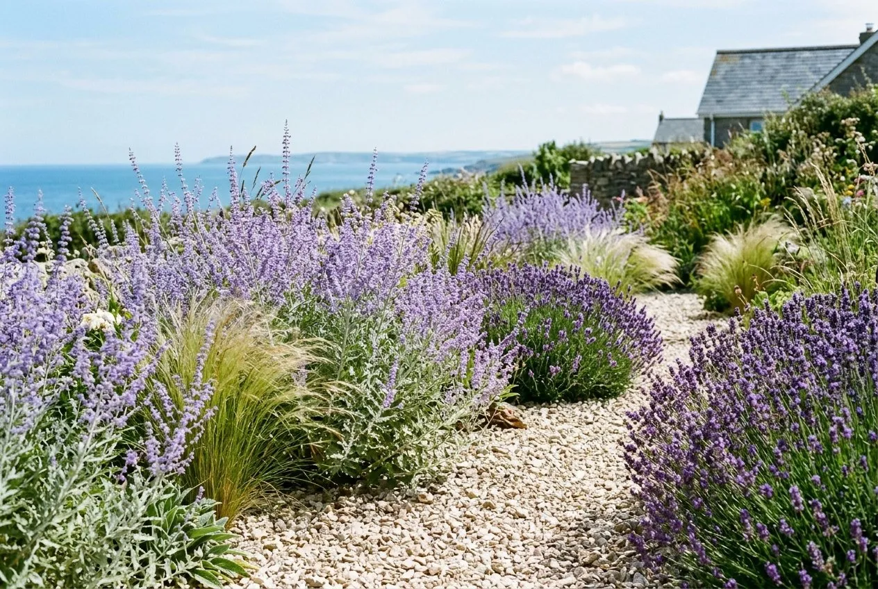 Russian sage growing in a dry gravel garden with pale chippings, alongside lavender and grasses, in a sunny coastal UK garden