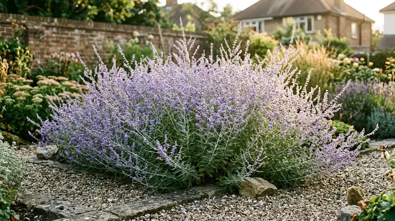 A drift of Russian sage in full flower, a haze of lavender-blue florets on silver stems in a sunny UK gravel garden