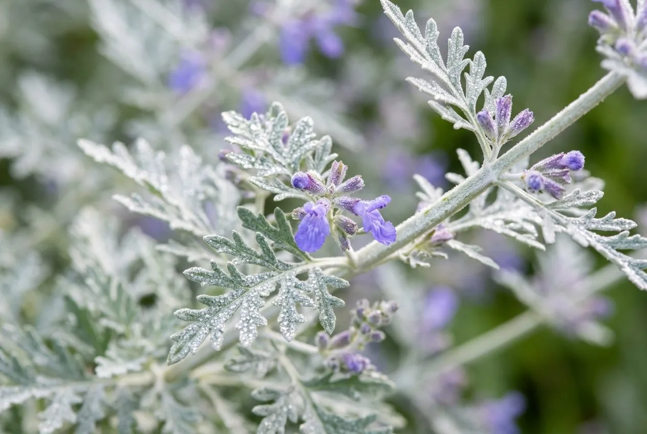 Close-up of Russian sage silver-grey deeply cut aromatic foliage and white square stems with a few opening lavender-blue florets, dew on the leaves