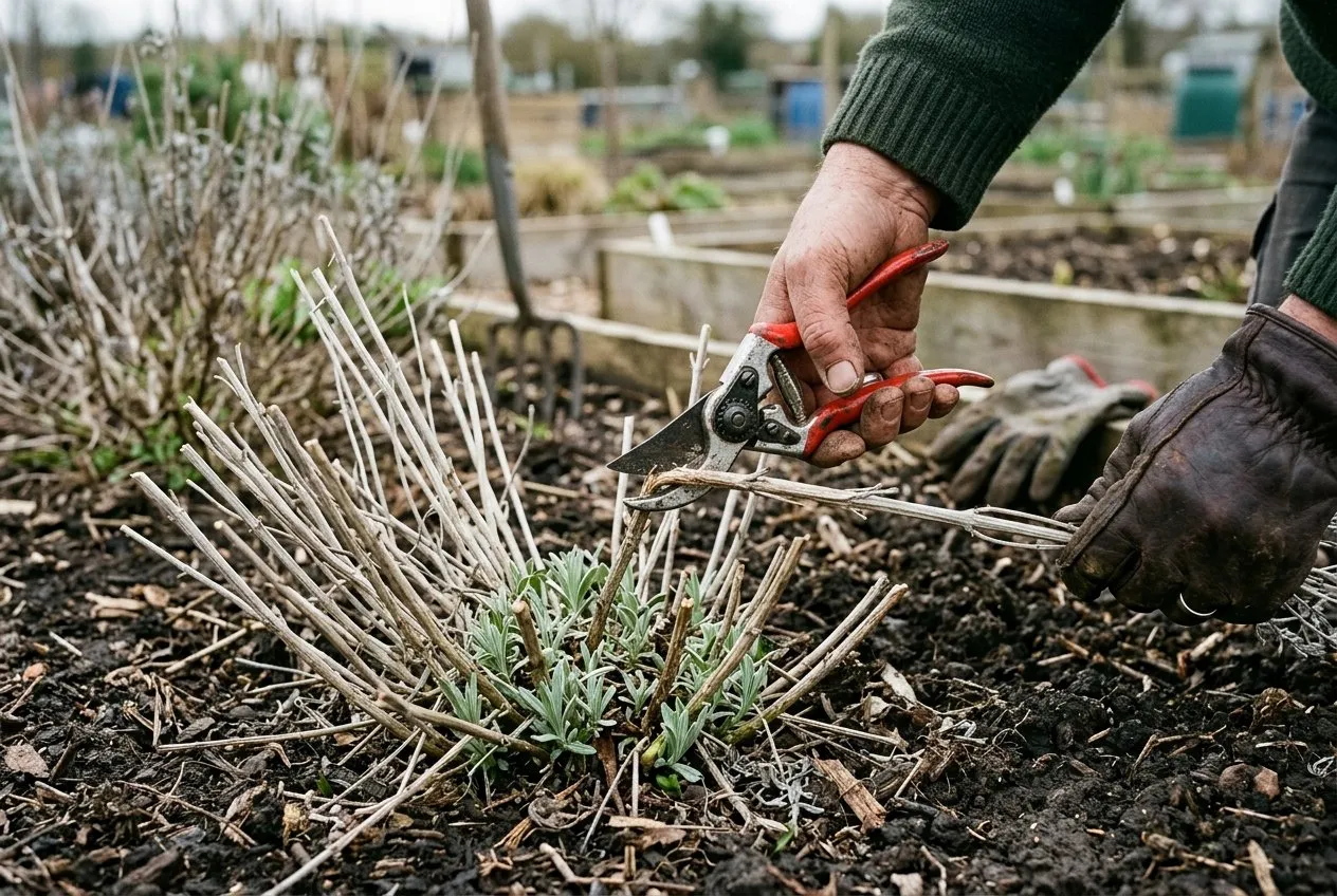 Close-up of a gardener's hands using secateurs to cut back dry silver Russian sage stems to short stubs in early spring with fresh shoots at the base