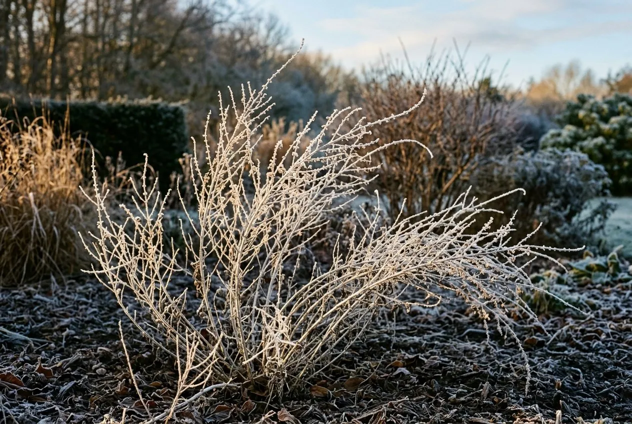 Bleached silvery-white bare stems of Russian sage left standing over winter, dusted with frost, catching low golden winter sunlight in a UK border
