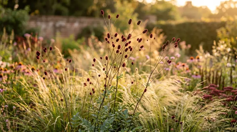 Sanguisorba 'Red Thunder' crimson bobble flowers floating over grasses in a UK naturalistic border at dusk