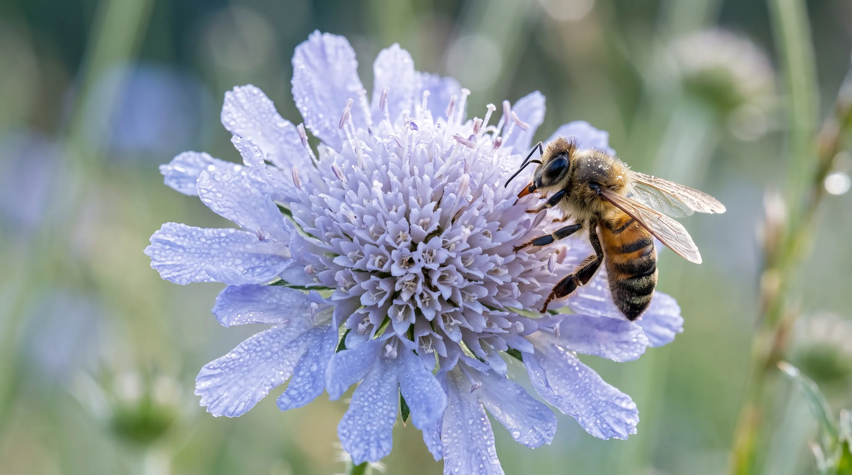 Close-up of a honeybee feeding on a pale blue scabious pincushion flower